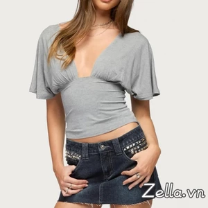 Áo thun cổ chữ V sâu dành cho nữ Slim Fit màu trơn Áo thun crop lưng