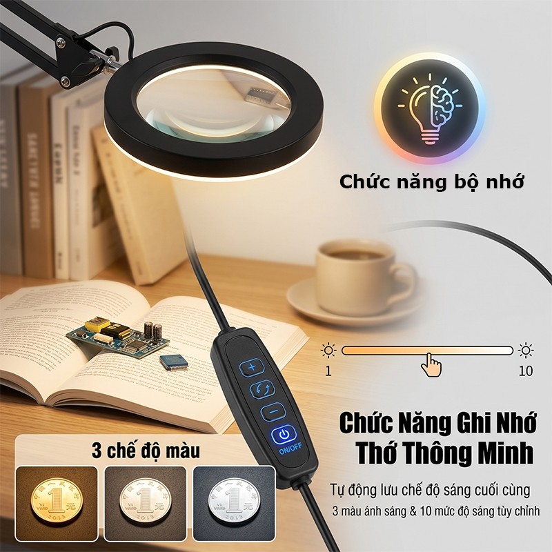 Kính lúp kẹp bàn tích hợp đèn kính lúp Led 12W, biến hóa linh hoạt thành kính lúp để bàn khi cần