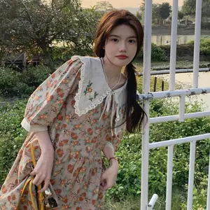 Fat mm Size Lớn Rời Dễ Thương Giảm Tuổi Cổ Búp Bê Đầm Nữ Mùa Hè Phong Cách Mới Ẩn Thịt Che Bụng Giữa-
