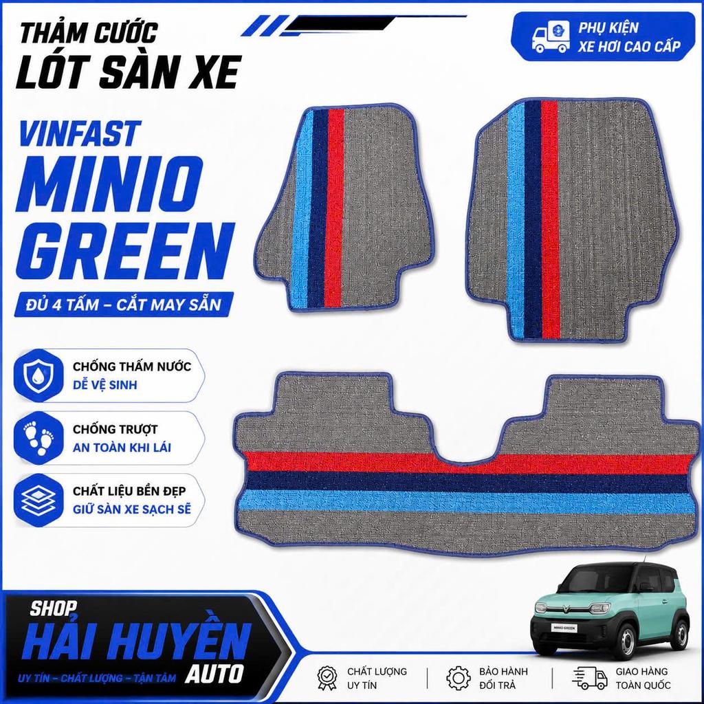 Thảm lót sàn xe Minio Green cắt may sẵn chuẩn theo form nguyên zin hỗ trợ bấm khuy ghế lái và ghế phụ