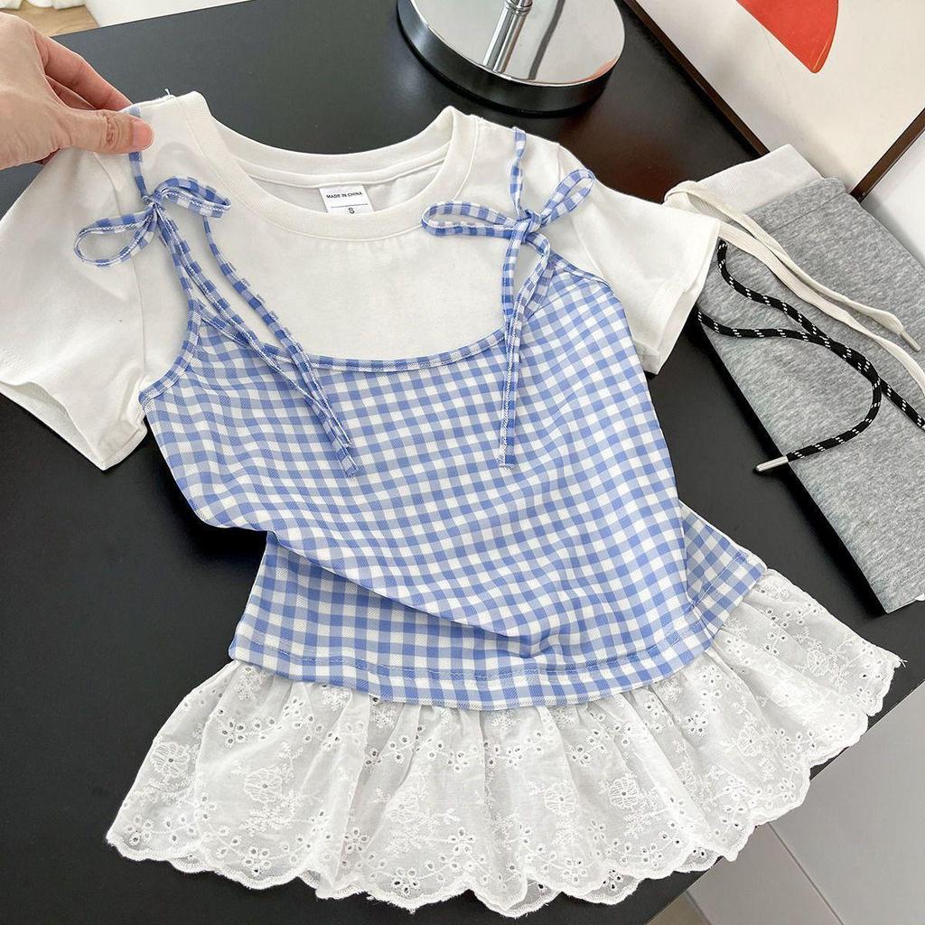[Seckill trong thời gian có hạn] Áo thun ren nơ phong cách Hàn Quốc Màu xanh trắng kẻ sọc khâu vai trước ngắn tay cho nữ kỳ nghỉ hè Áo phong cách ba lê hai mảnh