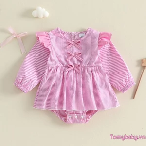 Bộ áo liền quần mùa thu cho bé gái Áo liền quần sọc cổ tròn có trang trí nơ