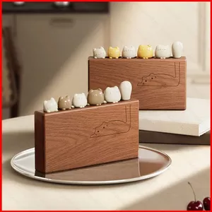 ST2 Bộ nĩa trái cây bằng thép không gỉ hình mèo dễ thương có khối lưu trữ bằng gỗ Bộ đồ ăn trang trí Quà tặng TS2