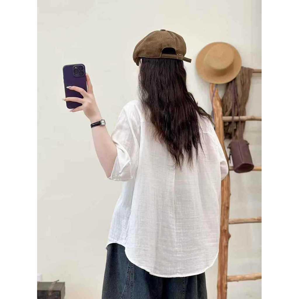 [Hàng có sẵn] Áo sơ mi nữ Cotton cao cấp dáng rộng tay ngắn in họa tiết lá tre phong cách Hàn Quốc