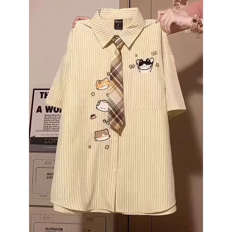 Phong Cách Nhật Bản Preppy Phong Cách Hoạt Hình Mèo Sọc Cổ POLO Áo Sơ Mi Tay Ngắn Nam Nữ Mùa Hè Rời Sinh Viên Top ins