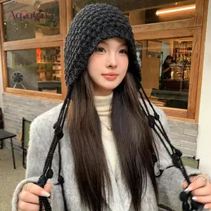 AqToCna Giáng Sinh Mùa Đông Len sel Dệt Kim Mũ Bảo Vệ Tai Cho Nữ Mùa Đông Ấm Móc Earmuffs Mũ Bé Gái Chui Đầu Beanie Bonnet AqToCna