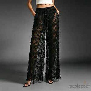 MAPLEPOET-Quần ống rộng dành cho nữ Thắt lưng đàn hồi Sequins Quần xẻ rời cho hàng ngày