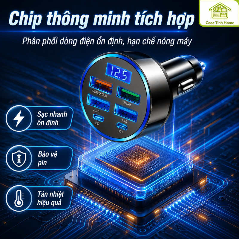 Tẩu Sạc Ô Tô Nhanh 12V/24V, 6 Cổng USB C PD QC3.0, Sạc Nhanh 300W Có Đèn LED, Màn Hình Hiển Thị