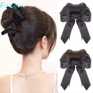 FUZOU Hoa Bud Head Tóc Giả, Tổng Hợp Scrunchy Tóc Tổng Hợp Bun, Vintage Tự Nhiên Lông Tơ Tóc Giả Túi Đen Nơ Chignon Nữ