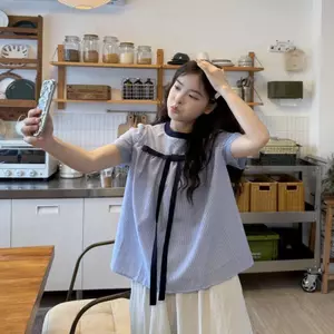 Phong cách mới Phong cách Hàn Quốc Thiết kế nơ sọc ngọt ngào theo phong cách mới Áo ngắn tay