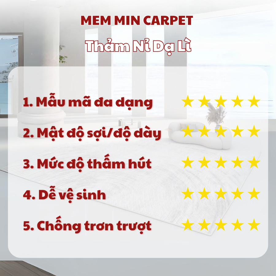 Thảm Dạ Lì Thảm Trải Phòng Khách, Thảm Chụp Hình Decor, kích thước 1m6x2m3, 2mx3m Họa Tiết Bắt Mắt-MemminCarpet (THB18))