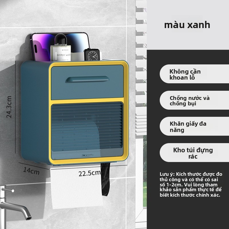 Hộp đựng khăn giấy vệ sinh treo tường chống thấm nước, không đục lỗ, dùng cho cuộn giấy TQJM