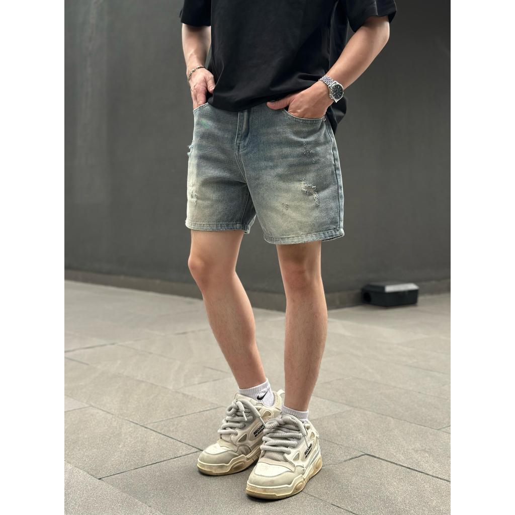 Quần Short Jean Nam DIN, Quần Xanh Form Trên Gối Rách Nhẹ, Không Phai Dễ Phối Đồ, Đa Dạng Phong Cách JD67