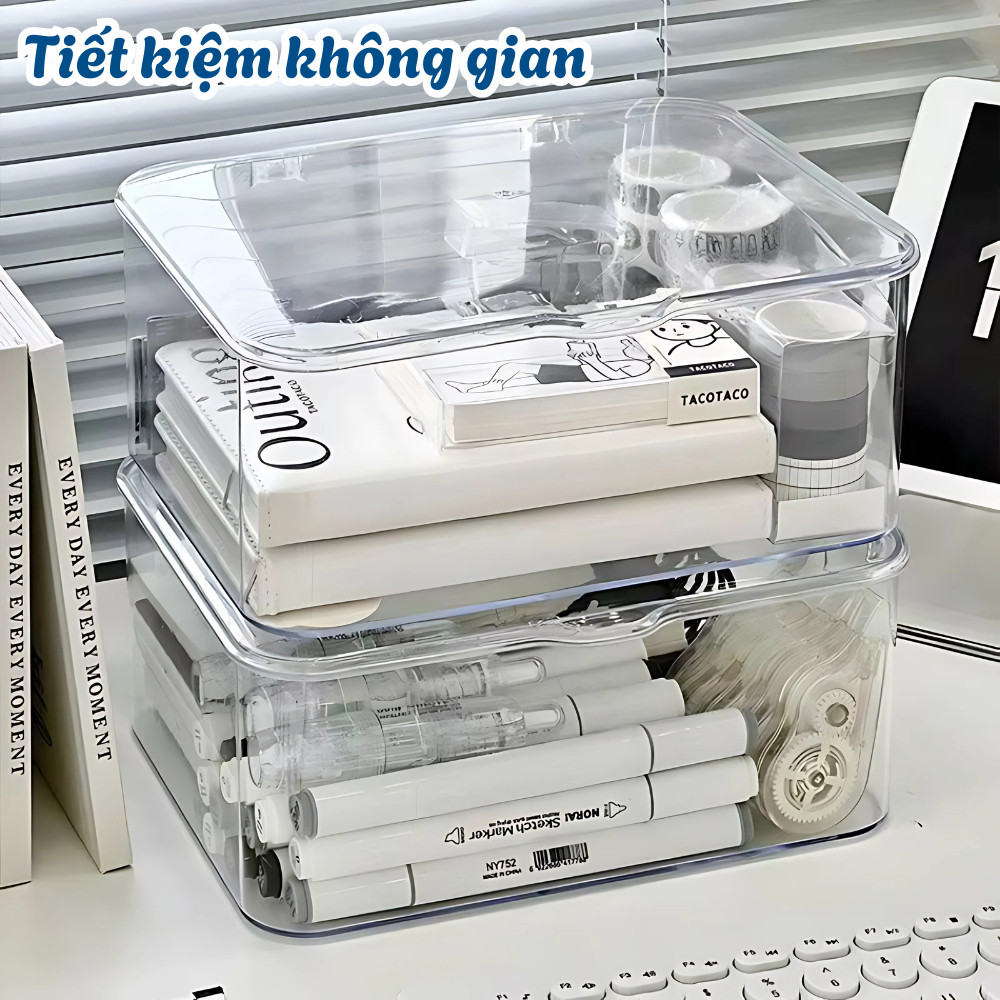 Hộp Đựng Đồ Để Bàn Trong Suốt HomeMate Có Nắp, Kệ Lưu Trữ Acrylic Chống Bụi Decor Bàn Học Văn Phòng