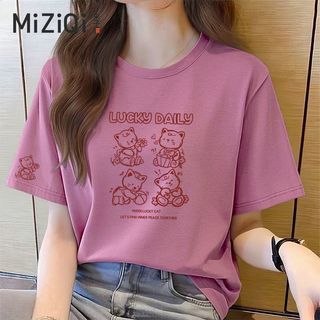 [MIZIQI] Áo thun ngắn tay Cotton nguyên chất dành cho nữ, Áo dáng rộng in hình gấu nguyên bản