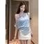Áo thun cổ một vai sọc màu vàng dành cho nữ mùa hè giả hai mảnh Slim-fit Sli