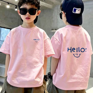 Áo thun bé trai ngắn tay in chữ Hello và cười, cotton mềm thoáng khí, thời trang cho bé đi học đi chơi