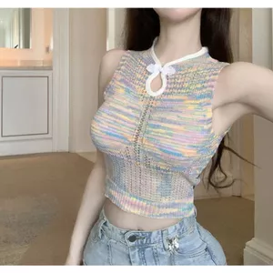 Mùa hè Phong cách mới Phong cách Trung Quốc mới Khóa màu cầu vồng Tấm lót ngực một mảnh Áo Vest dệt kim Hot Girl Pure Desire American Top