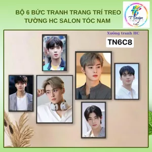 Bộ 6 tranh decor treo tường cho salon tóc nam, mẫu đa dạng, có keo dán sẵn.