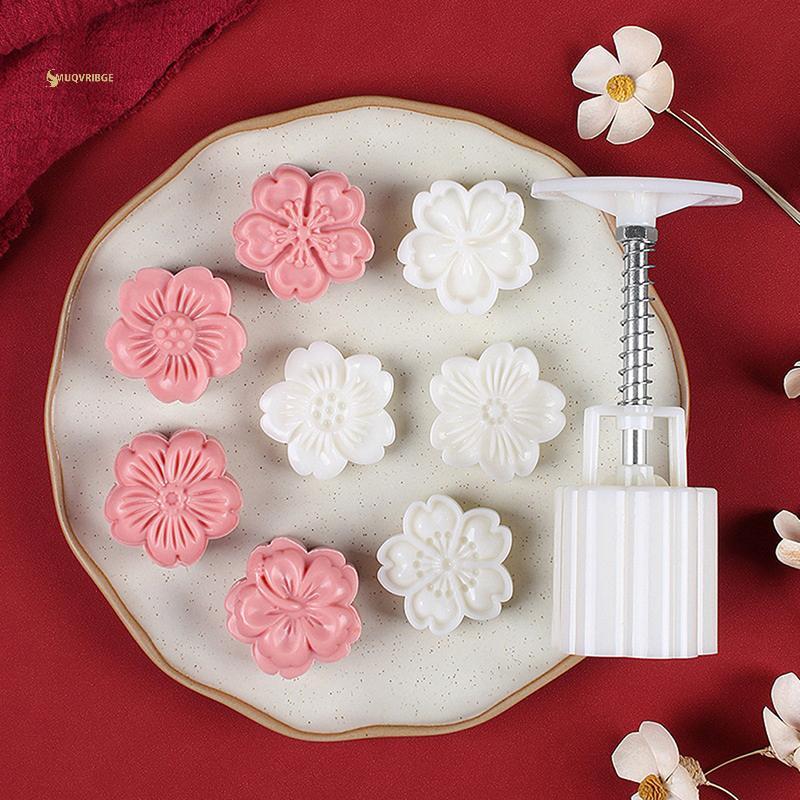 MUQV 4 Cái / bộ Khuôn Bánh Trung Thu Hoa Anh Đào Hoa Hoa Anh Đào Tem Họa Tiết Dập Tay Khuôn Pít Tông Bánh Ngọt Dụng Cụ n