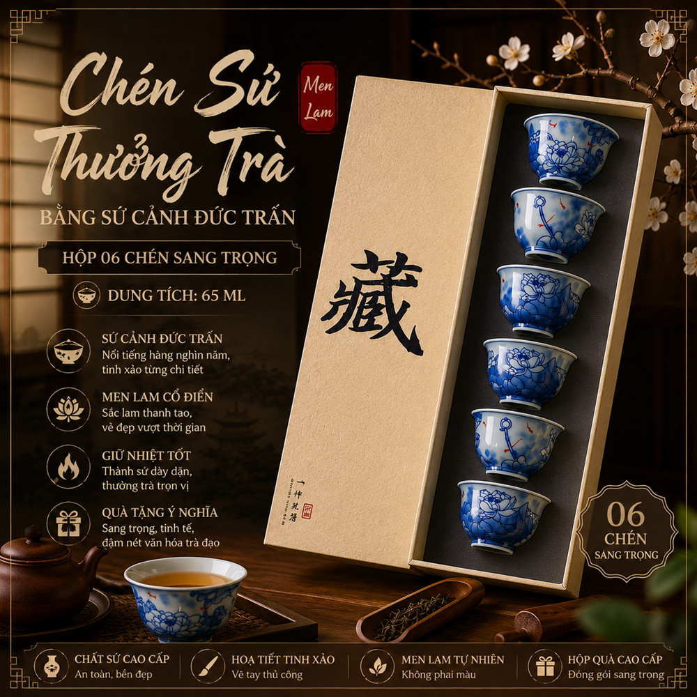 CHÉN SỨ THƯỞNG TRÀ BẰNG SỨ CẢNH ĐỨC TRẤN MEN LAM – TINH HOA TRÀ ĐẠO PHƯƠNG ĐÔNG