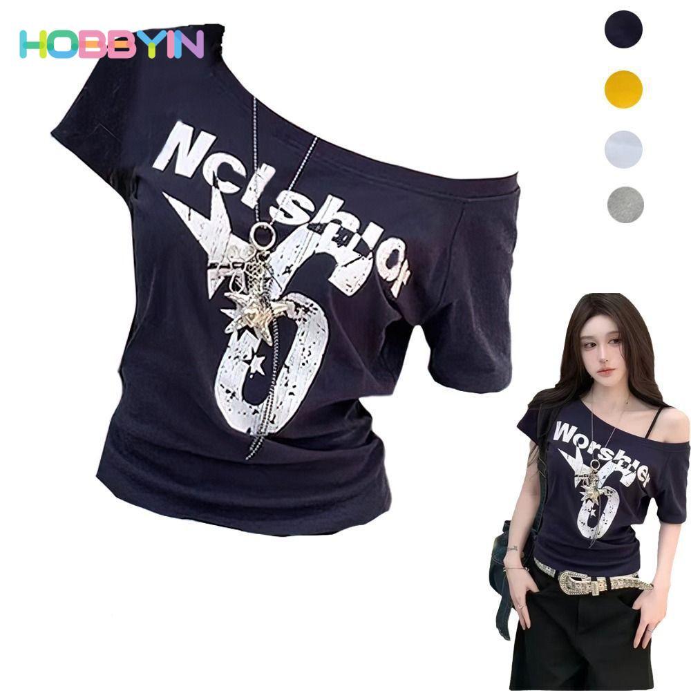 Áo đeo vai HOBBYIN, Áo ngắn tay cổ xiên, Áo thun in chữ Y2k gợi cảm Phong cách cổ điển