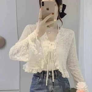 Áo choàng mùa hè VN, Xù ngắn, Ruy băng ren, Áo len chống nắng, Áo sơ mi ngắn