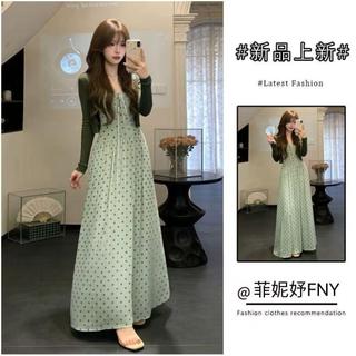[Mặc nhỏ dễ thương] Đầm chấm bi màu xanh lá cây phong cách Pháp cỡ lớn dành cho nữ mùa hè Váy dài eo hẹp cao cấp Bộ đồ hai mảnh