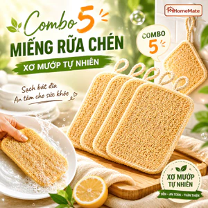COMBO 5 Miếng Rửa Chén Xơ Mướp Tự Nhiên HomeMate, Sạch Dầu Mỡ, Không Trầy Xước, An Toàn Cho Da Tay