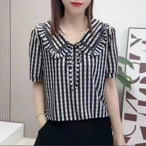 Áo thun voan đẹp và thời trang mùa hè mới phiên bản Hàn Quốc dáng rộng kẻ sọc cổ điển dành cho nữ