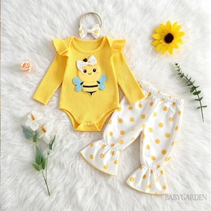 Bộ trang phục mùa thu cho bé gái thêu ong dài tay áo liền quần và quần thun chấm đỏ Bộ băng đô
