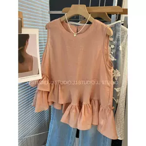 Thiết kế không đều!Hàn Quốc Dongdaemun Sang Trọng Cổ Tròn Rời Nấm Cạnh Áo Sơ Mi Bé Top Áo Sơ Mi Nhỏ Nữ
