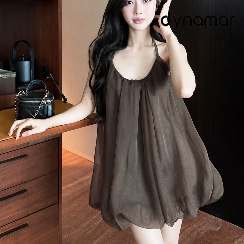 【dynamar】Váy xếp ly kiểu cổ yếm phong cách nghỉ mát hở lưng váy lưới co giãn váy ngắn