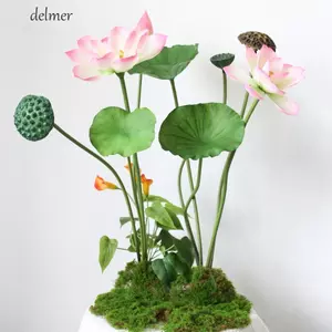DELMER Mô phỏng Lá sen, Hoa sen nhân tạo lãng mạn thủ công, Trang trí hoa PU Thân dài giống như thật Nhánh sen giả Trang trí mục vụ