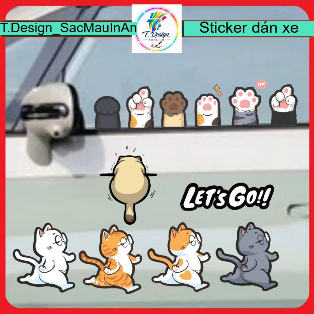 Set 5 con Mèo đi 2 chân dễ thương dán kính xe, sticker chống nước, che vết xước
