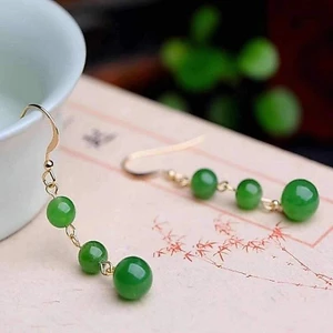 Bông tai hạt tròn màu xanh lá cây tự nhiên, phong cách cổ điển Trung Quốc mới