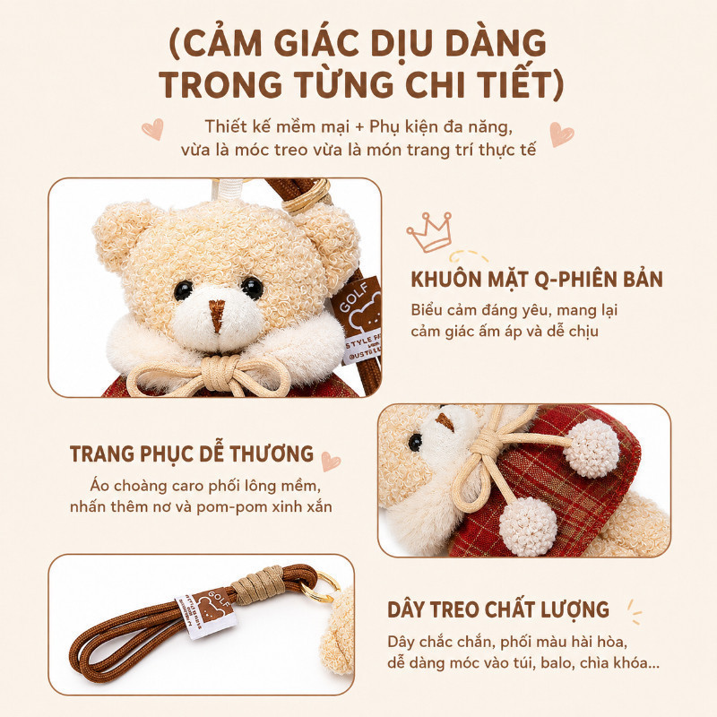 Móc Khóa Gấu Bông Cà Phê 2 Màu – Charm Treo Túi Xách Và Chìa Khóa, Dây Bền Chắc, Quà Tặng Dễ Thương Cho Bạn Gái