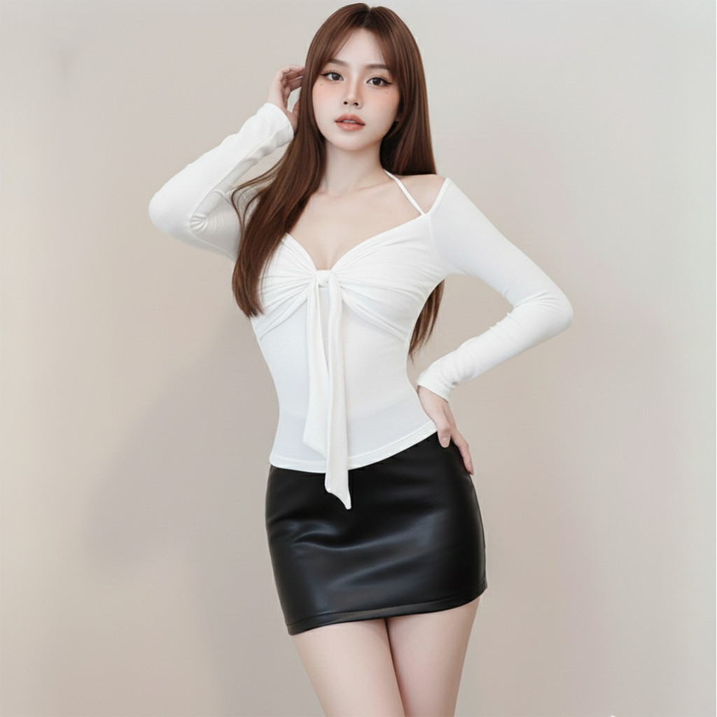 Áo Thun Nữ Trễ Vai Tay Dài Kiểu Xoắn Ngực  Phối Dây Choàng Cổ A51560
