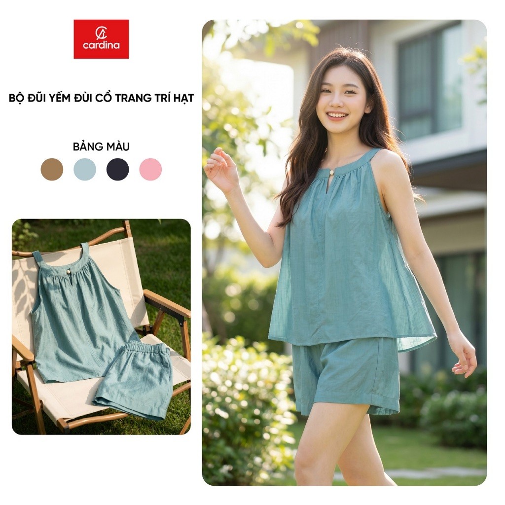 Bộ đồ mặc nhà nữ CARDINA chất liệu đũi bambo sát nách cổ yếm thêm trang trí hạt và quần đùi  6BDN03