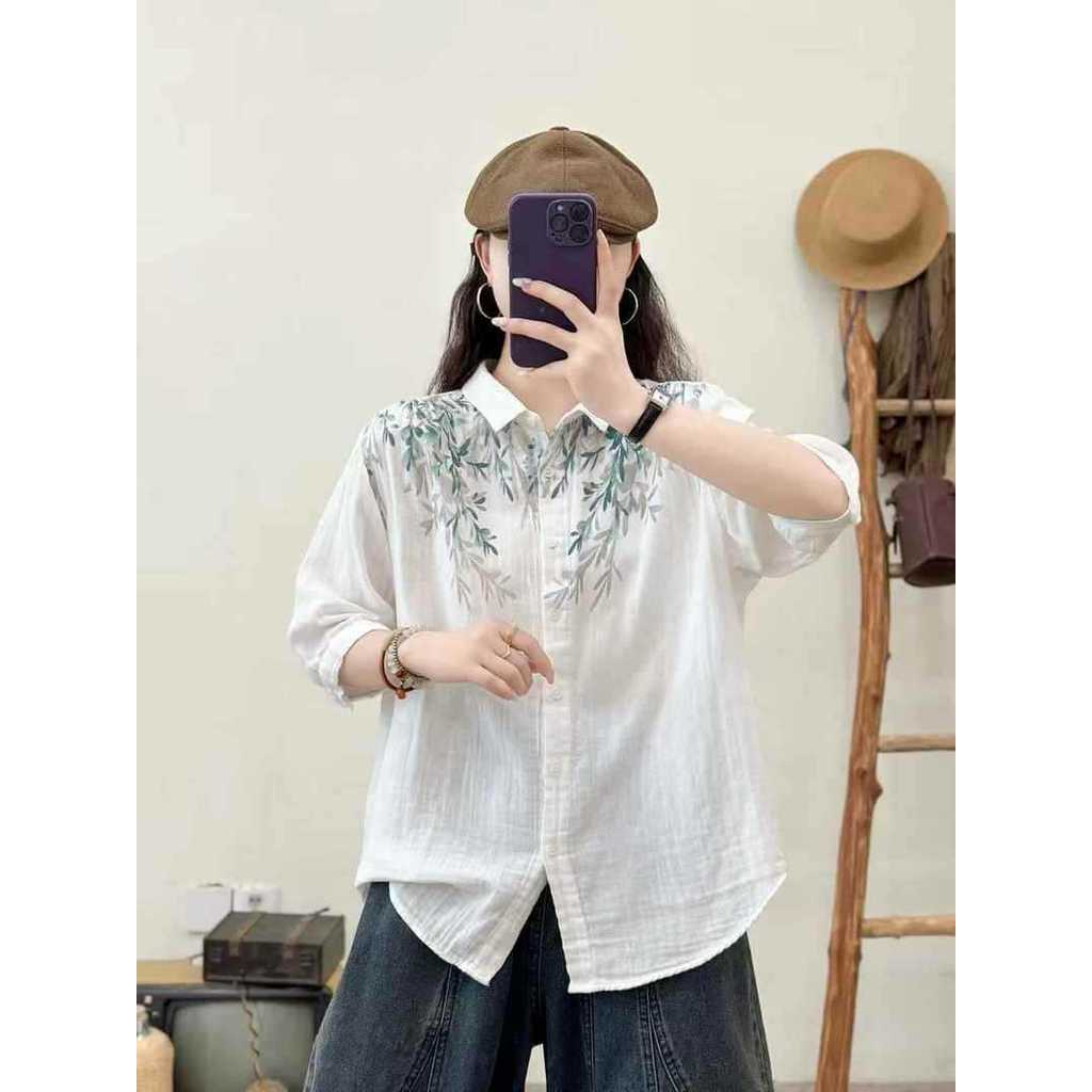 [Hàng có sẵn] Áo sơ mi nữ Cotton cao cấp dáng rộng tay ngắn in họa tiết lá tre phong cách Hàn Quốc