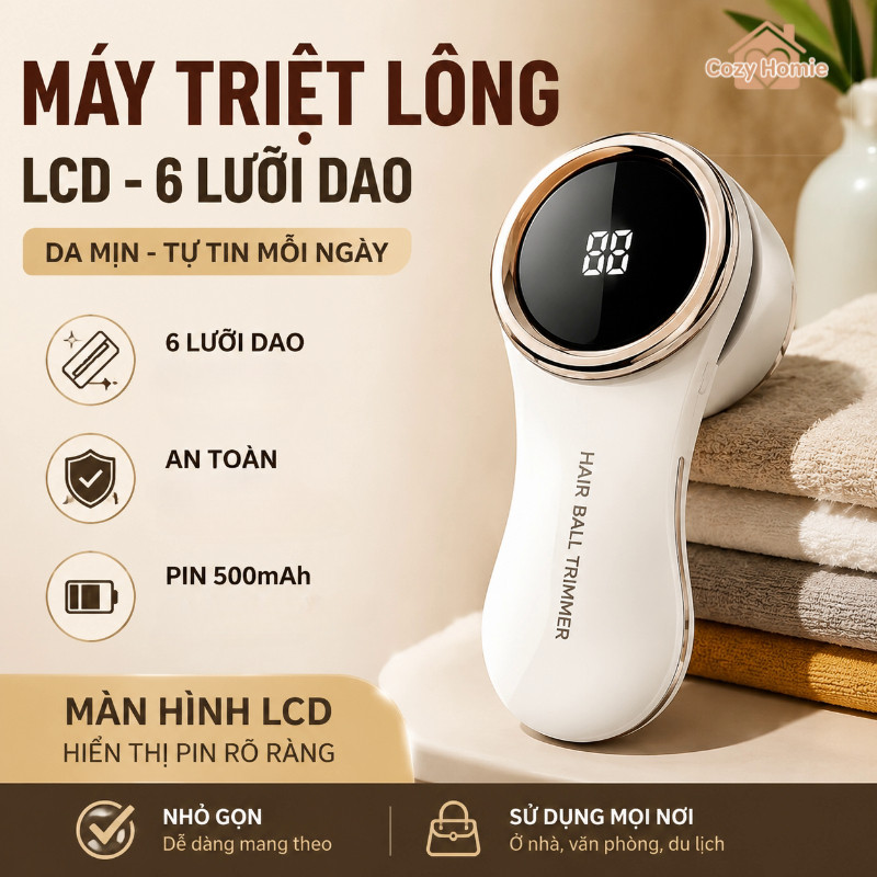 Máy cắt lông xù quần áo 6 lưỡi dao inox lưới bảo vệ an toàn pin sạc tiện lợi phù hợp nhiều loại vải