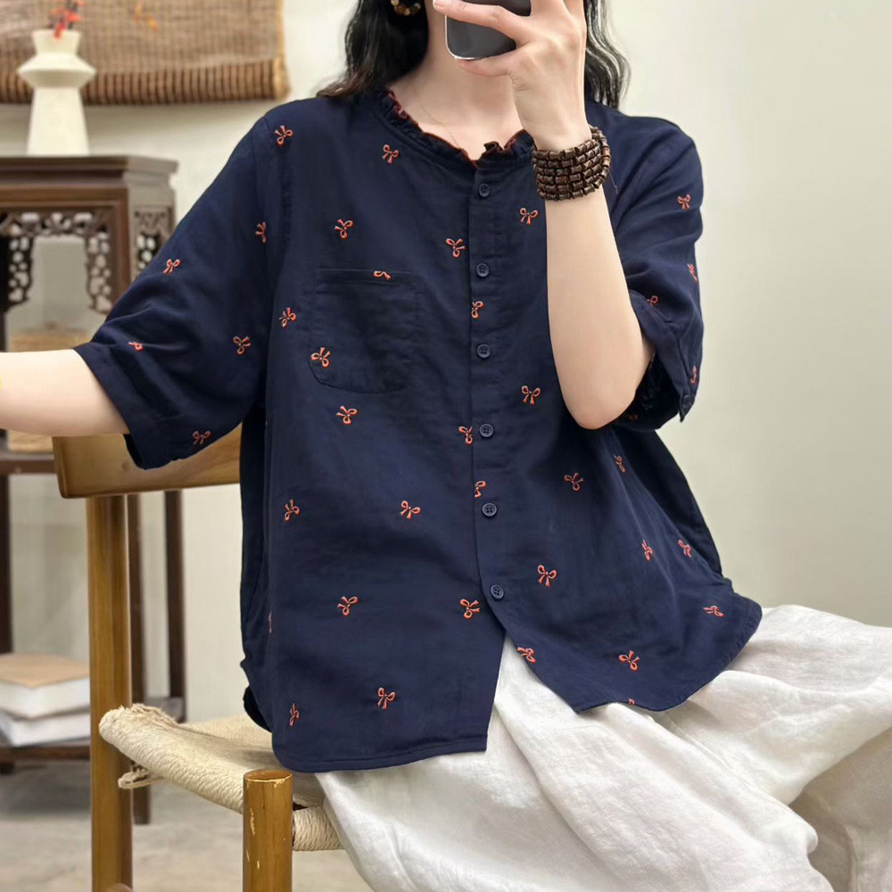 Áo Sơ Mi Nữ Cổ Nấm Tay Ngắn Chất Lượng Cao Sợi Cotton, Hoa Rời, Size Lớn
