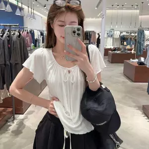 Thiết kế Áo thun ngắn tay dáng rộng có dây buộc nhẹ nhàng phong cách Hàn Quốc Mùa hè Phong cách mới Tất cả các trận đấu Slimer Look Hẹp-Waist Casual Loose Top
