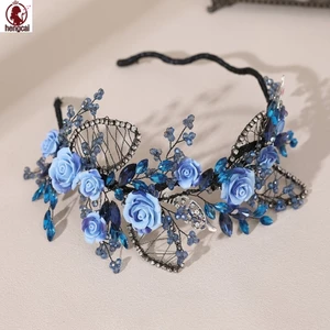 Băng đô hoa gốm sứ màu xanh với băng đô cô dâu đàn hồi đính đá cho bữa tiệc cưới trang trọng