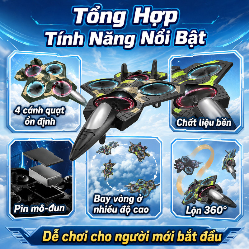 Máy Bay Điều Khiển Từ Xa Kiểu Dáng Chiến Đấu, 4 Cánh 4 Động Cơ, Dễ Sử Dụng, ,Kèm Pin