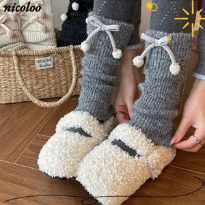 NICOLOO Lolita chân ấm áp, Vỏ chân ấm áp Vỏ chân dệt kim màu trơn, Phụ kiện khởi động Trang trí nơ dày Tất móc thời tiết lạnh