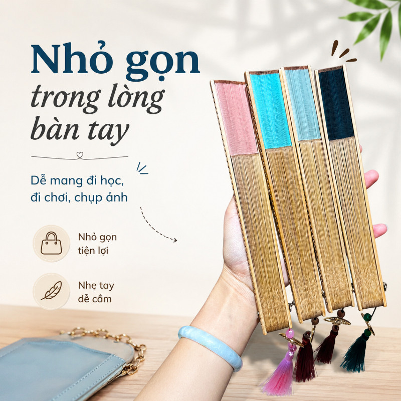 Quạt Múa Tre Cao Cấp - Nan Tre Mỏng, Thiết Kế Sang, Kèm Bao & Tua Rua, Cho Biểu Diễn & Ảnh Nghệ Thuật