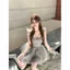 Công Nghiệp Nặng Móng Tay Kim Cương Xám Chắp Vá Sợi Lớp Lông Tơ Sling Đầm Nữ Mùa Hè Cổ Chữ V Sang Trọng Slim-fit Sinh Nhật