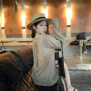 Pure Desire Style Hot Girl Rỗng Ren Dây Áo thun dài tay Nữ Mùa hè dáng rộng Lười Slimmer Look Kem chống nắng
