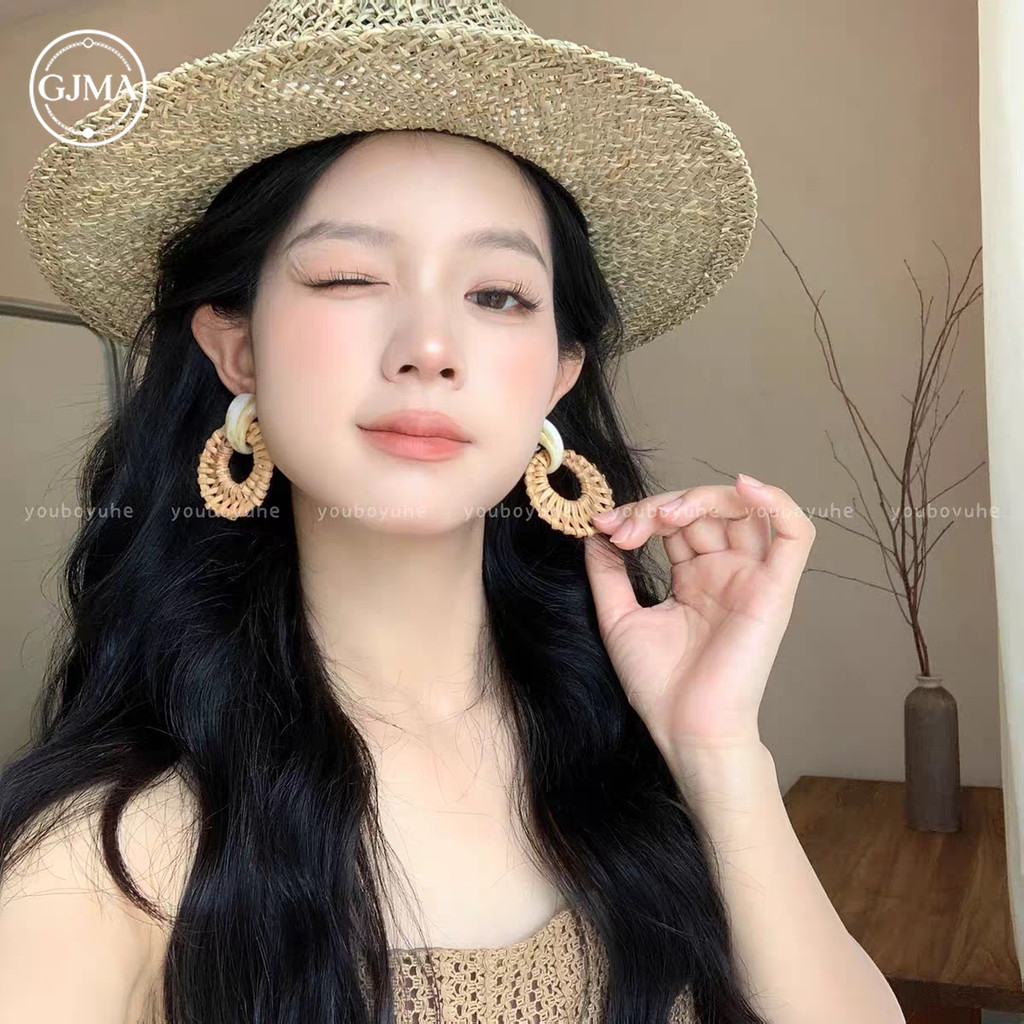 Bông tai mây Bohemian raffia thời trang retro phong cách nghỉ mát phụ kiện dành cho nữ